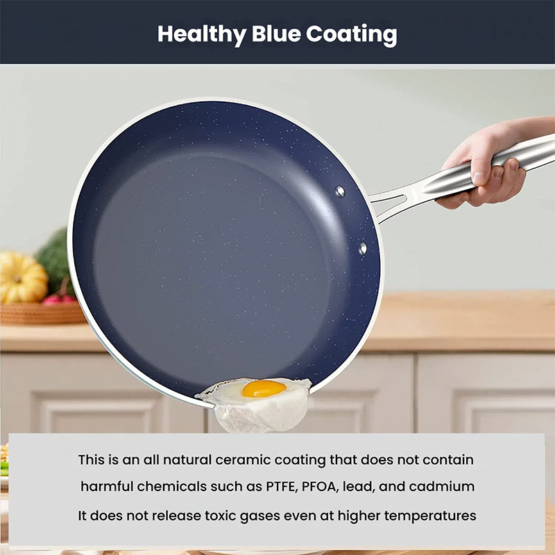 Say goodbye to fumes and burnt food! The blue ceramic frying pan three-piece set makes every meal easy and beautiful.