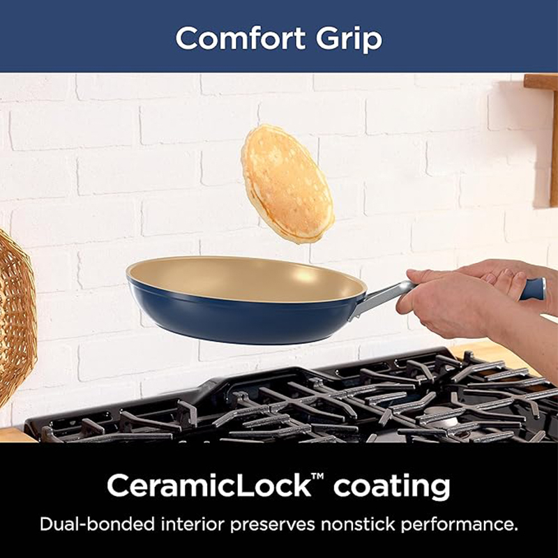 Ceramic Frying Pan With Blue Exterior and Orange Interior